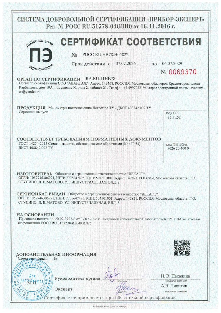 Сертификат соответствия. Манометры